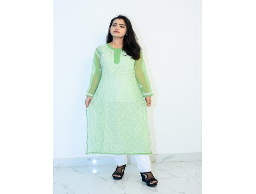 Buy Hand Embroidered Lucknowi Chikan Light Green Georgette Kurti, Nairobi -  Kenya