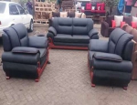 5 Seater Black Leather Sofa Set 